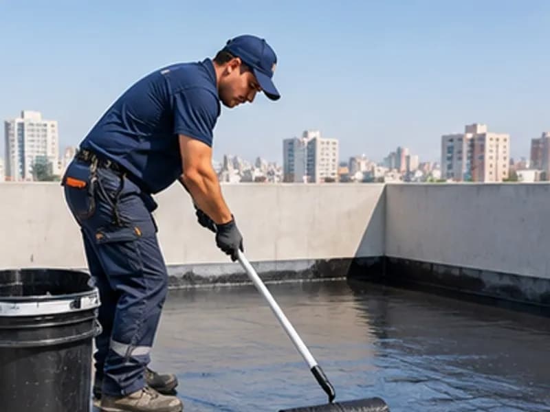 Técnico de Construyer impermeabilizando una azotea con rodillo