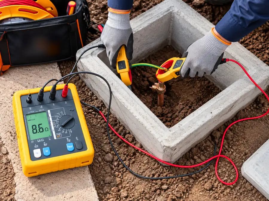 Técnico midiendo la resistencia de un pozo a tierra con telurómetro y pinza en una caja de registro de concreto