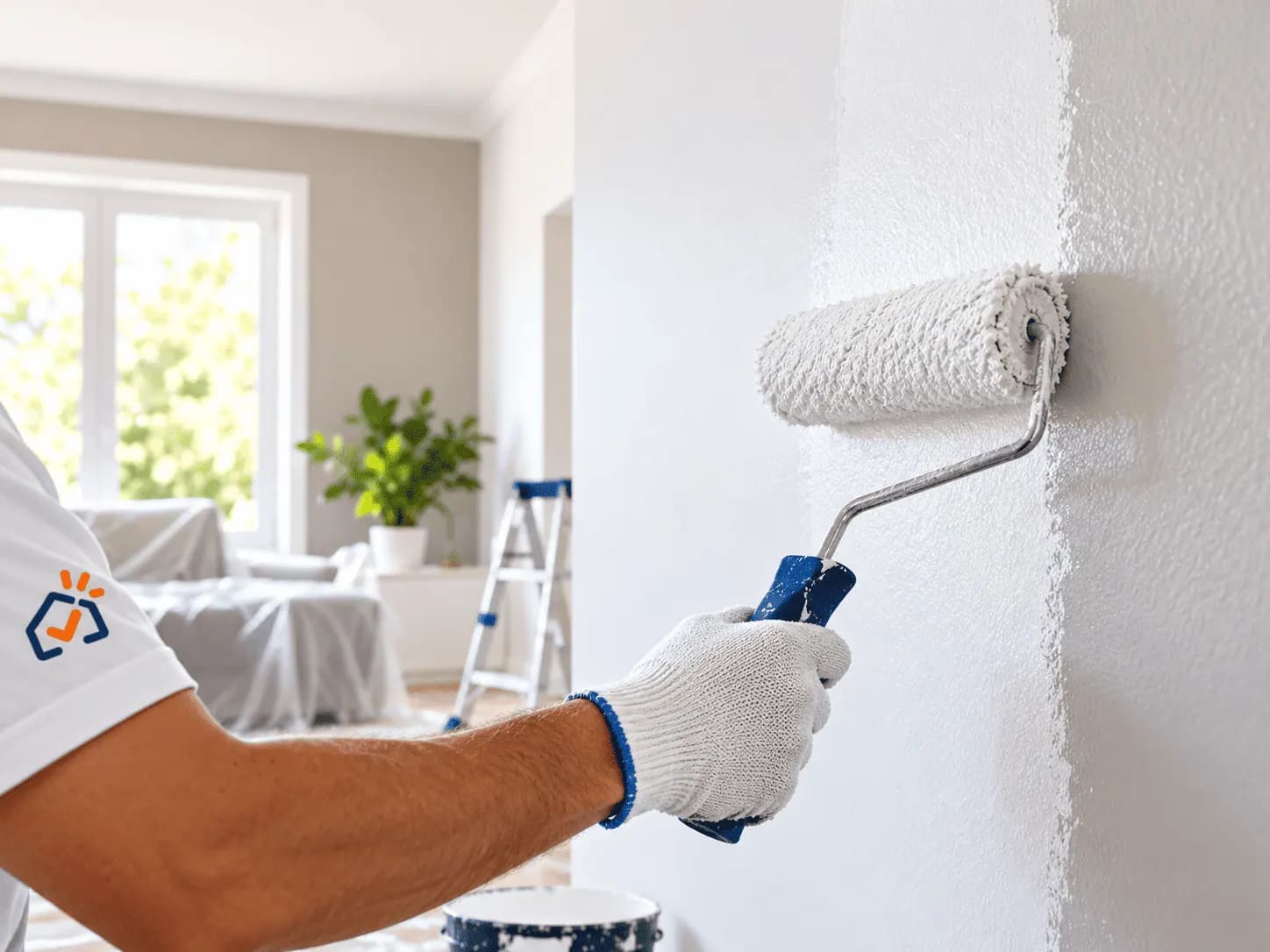 Pintor aplicando pintura blanca con rodillo en una pared interior