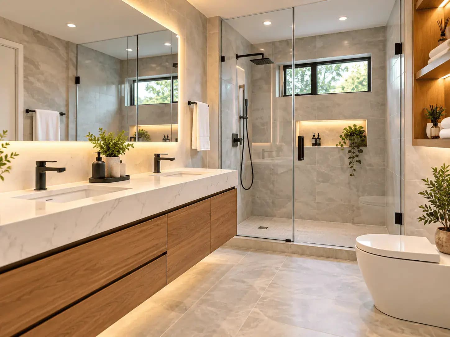 Baño remodelado con mueble flotante de madera, tope de cuarzo y ducha de vidrio