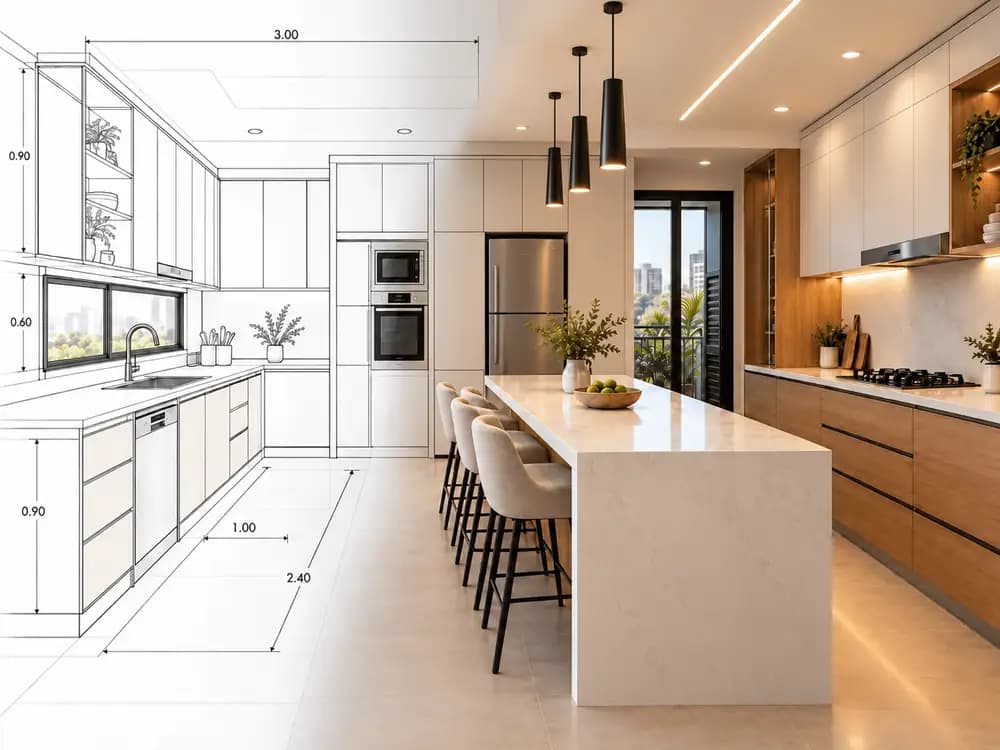Cocina con isla de cuarzo y muebles de madera clara: a la izquierda el plano con medidas y a la derecha la cocina terminada