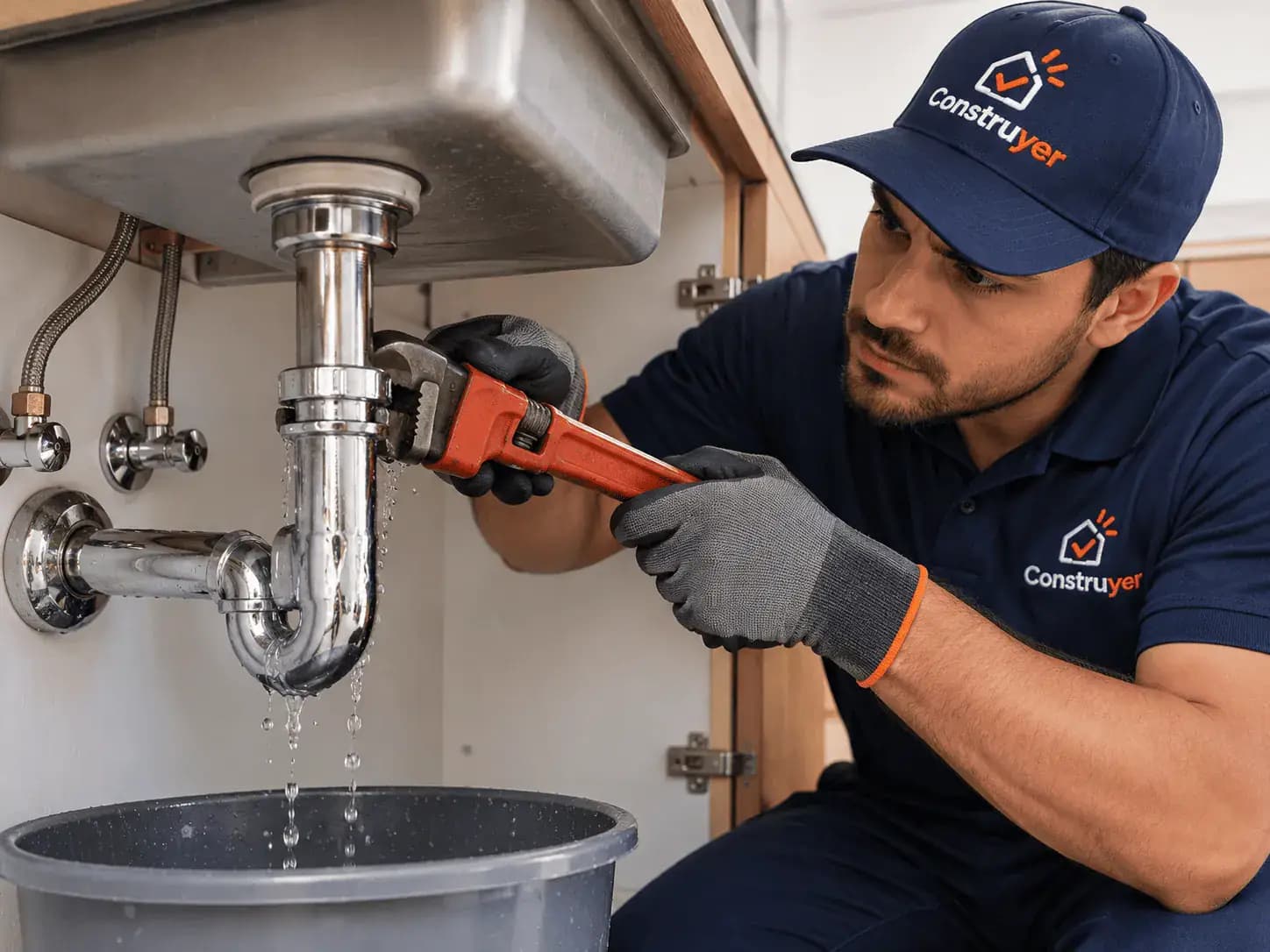 Técnico con llave de tubo reparando una fuga de agua en el sifón de un lavadero