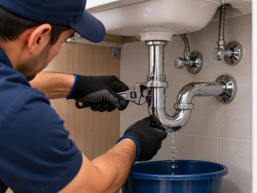 Técnico ajustando el sifón de un lavatorio con una fuga de agua