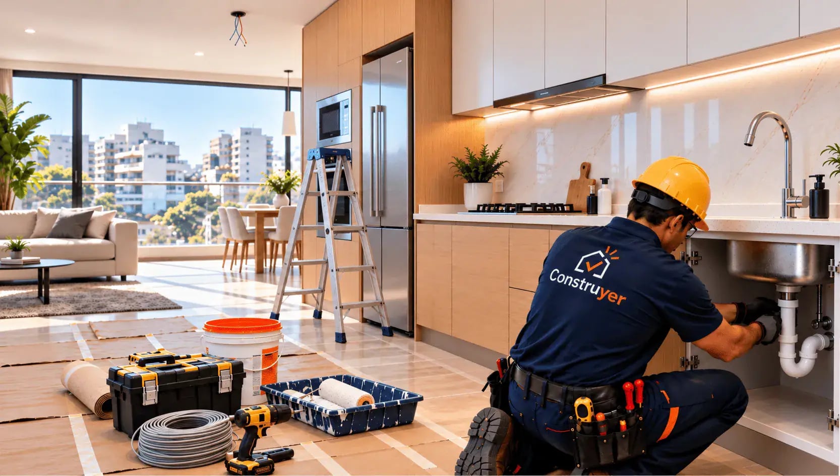 Gasfitero de Construyer con uniforme y casco reparando el sifón bajo el lavadero de una cocina de departamento