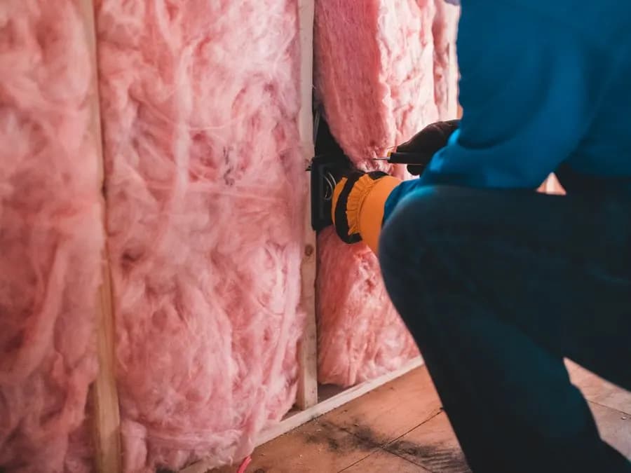 Trabajador colocando aislante térmico de lana mineral en una pared