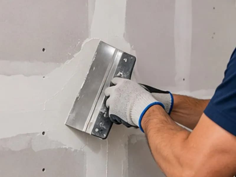Técnico acabando una pared de drywall con una llana