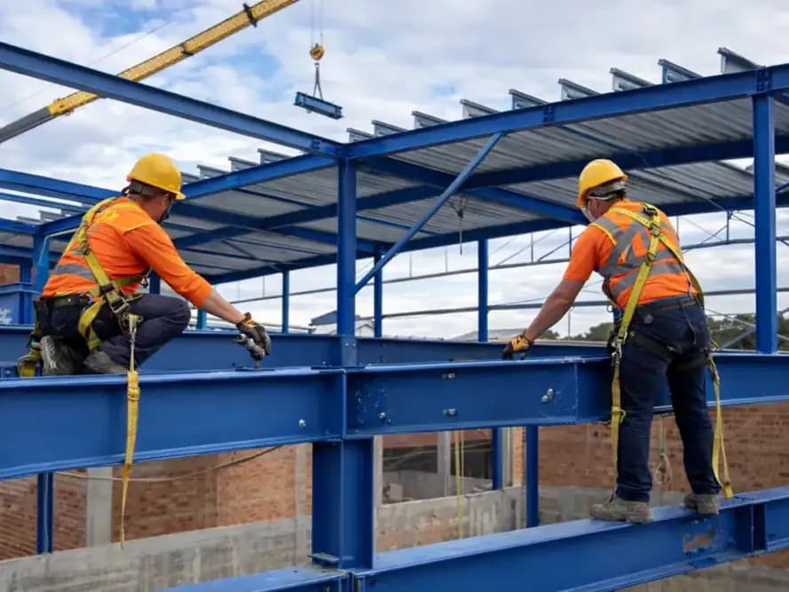 Dos operarios con arnés y casco montando vigas de acero azules en una estructura metálica con cobertura