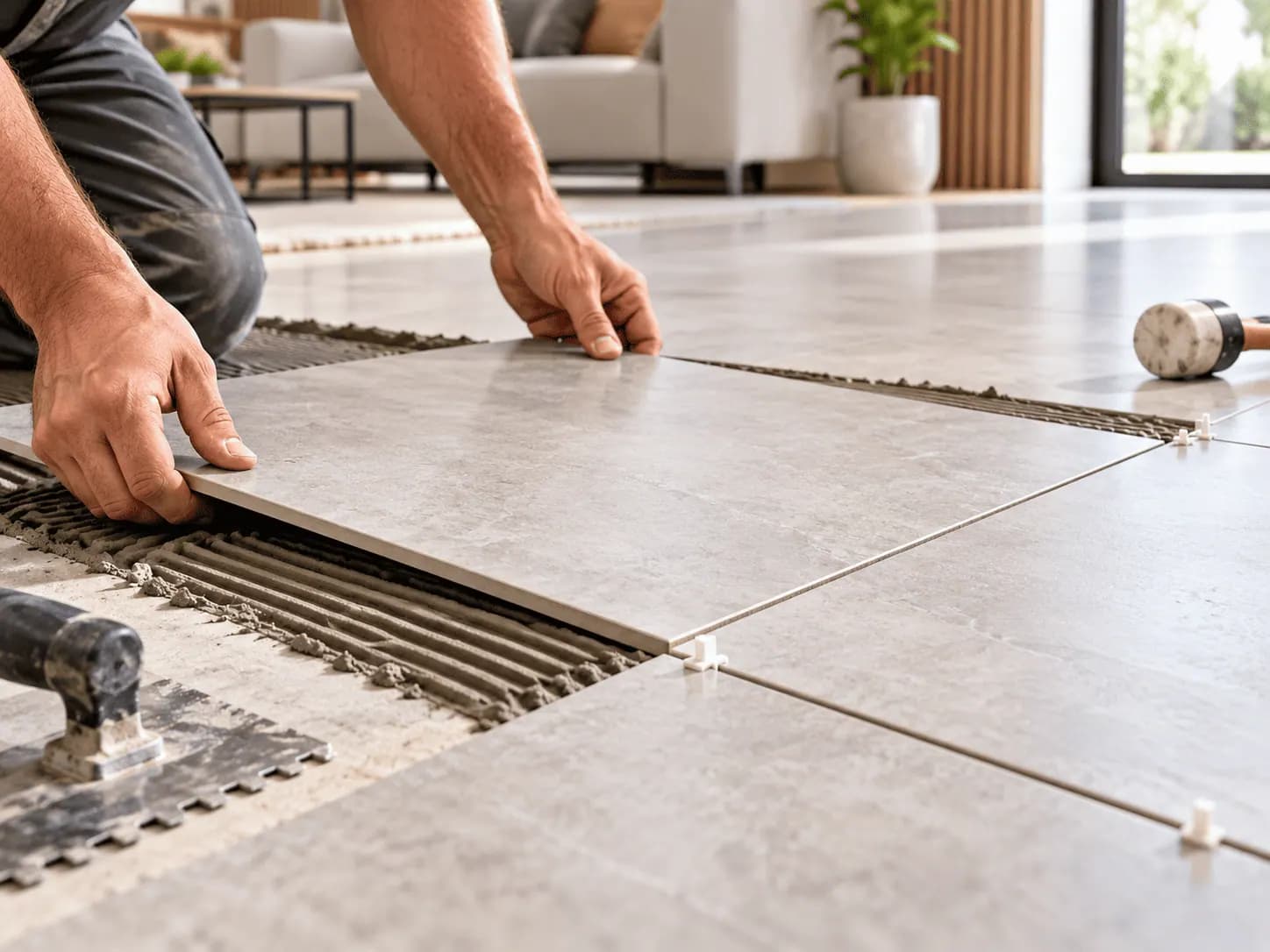 Instalación de piso de porcelanato con adhesivo, crucetas y nivelación