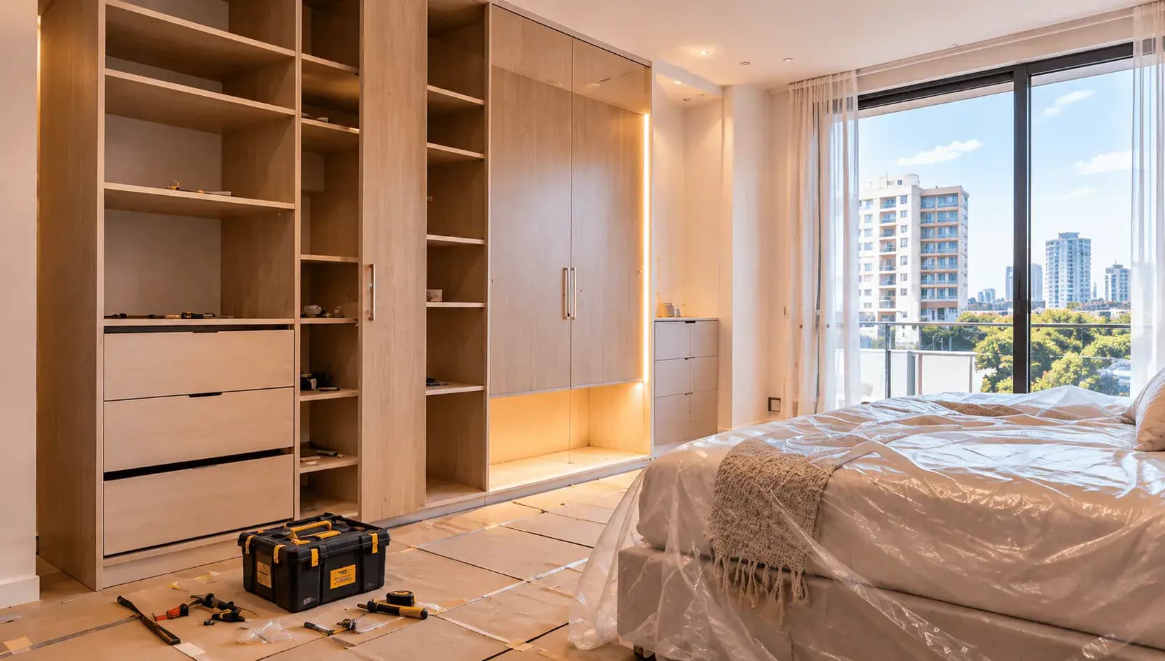 Dormitorio en remodelación con closet de melamina a medida con cajones, luz led y cama protegida con plástico