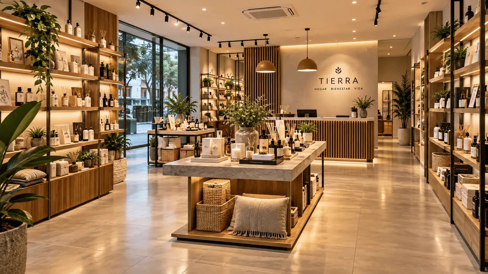 Local comercial remodelado con estantes de madera y metal, mostrador de listones y piso de cemento pulido